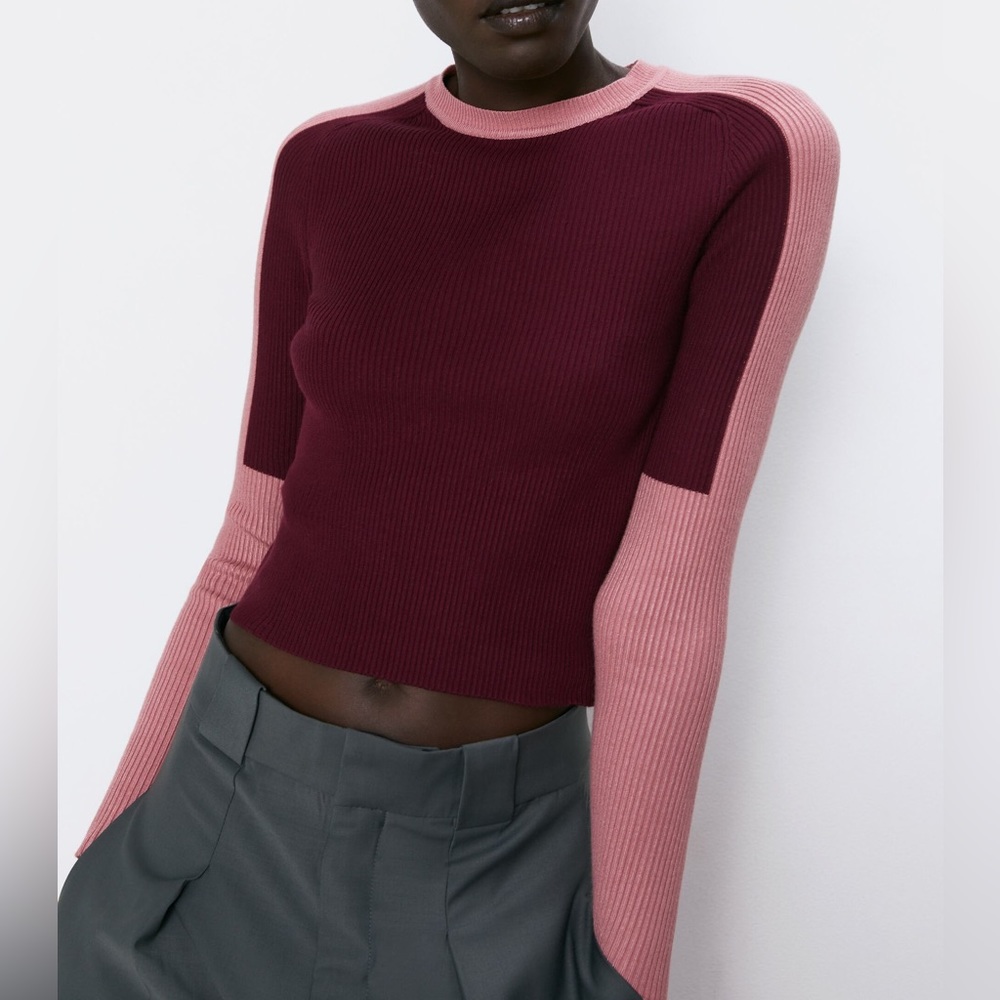 Zara color block knit long sleeve top. Burgundy and Pink. Size Small.